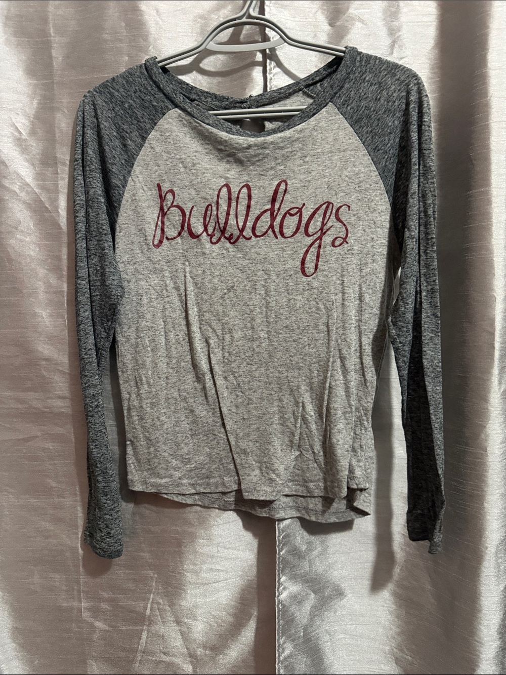 District Grey Raglan Long-Sleeve Top with Burgundy Script